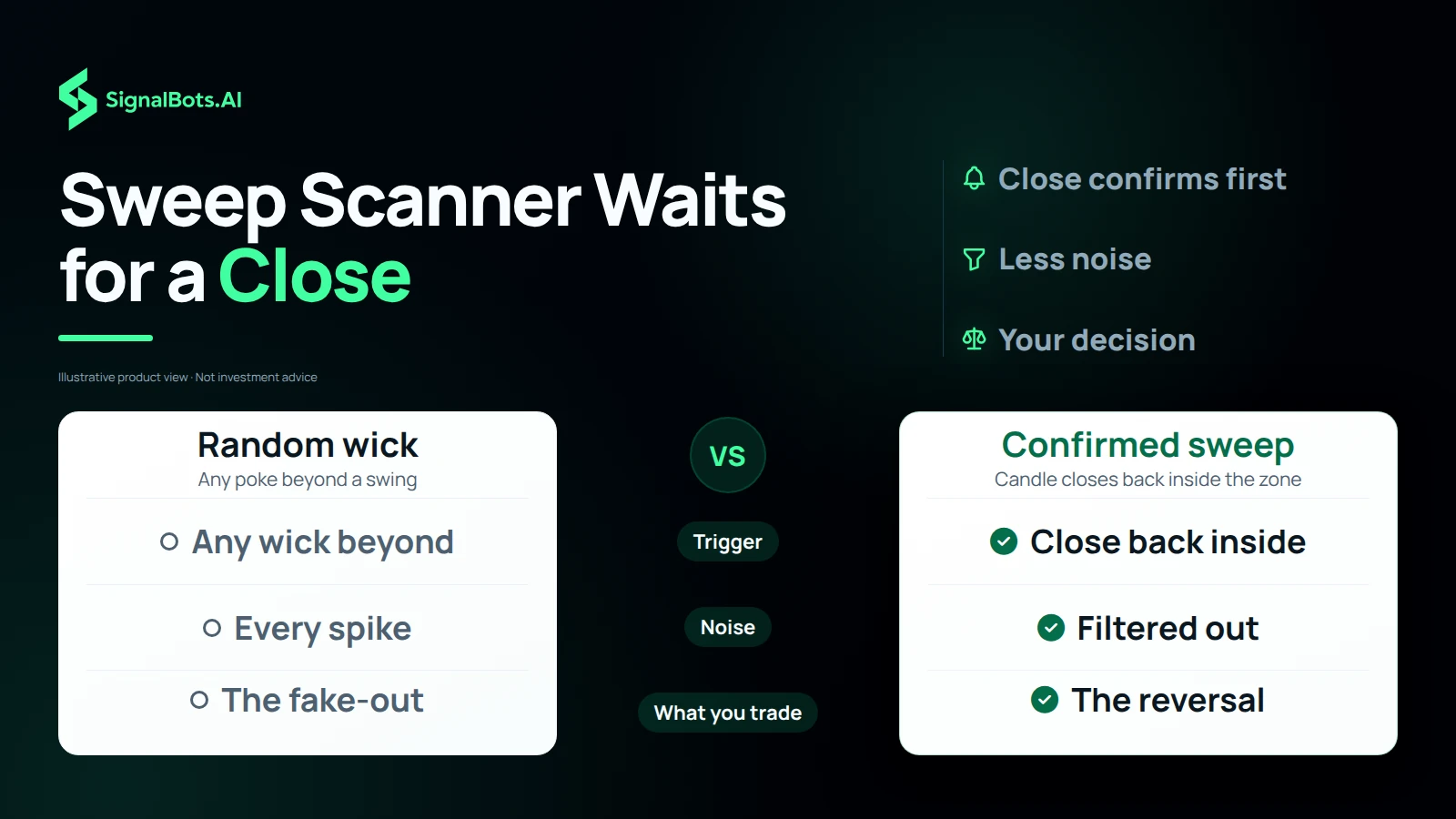 Two columns, a random wick on the left and a confirmed sweep on the right, compared on what triggers the signal, how noise is handled and what the trader ends up trading.